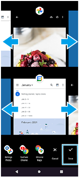 Bilde som viser hvor du sveiper for å velge apper for den delte skjermen og posisjonen til Ferdig-ikonet