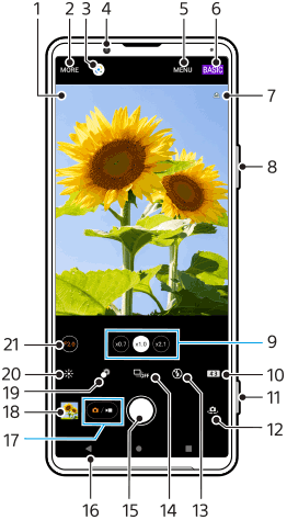 Obrazy przedstawiające rozmieszczenie poszczególnych funkcji na ekranie gotowości aplikacji Photo Pro w trybie Zdjęcie BASIC (Podstawowe). Obszar górny: 1 do 7. Górna krawędź urządzenia: 8 i 11. Obszar dolny: 9 do 10 i 12 do 21.