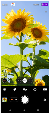 Obraz ekranu gotowości aplikacji Photo Pro w trybie BASIC (Podstawowym) przy orientacji pionowej