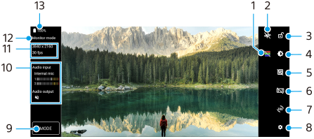 Imagem que mostra onde cada parâmetro está localizado no ecrã do Modo de monitor do Monitor externo. Área direita de cima para baixo, 1 a 8. Área esquerda de baixo para cima, 9 a 13.