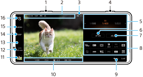 Imagem que mostra onde cada parâmetro está localizado no ecrã de espera do Photo Pro no modo AUTO/P/S/M. Lado superior do dispositivo, 1 e 4. Área do centro, 2 e 3. Área direita de cima para baixo, 5 a 8. Área inferior, 9 e 10. Área esquerda de baixo para cima, 11 a 16.