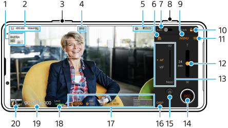 Imagem que mostra onde cada parâmetro está localizado no ecrã do Modo grav. do Video Pro. Área superior esquerda, da esquerda para a direita, 1 a 5. Lado superior do dispositivo, 3 e 8. Área direita, 6 a 16. Área inferior esquerda, da direita para a esquerda, 17 a 20.