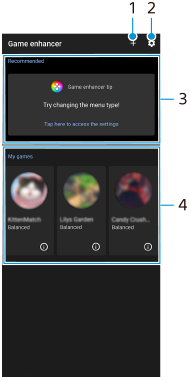 Imagini care arată unde se află fiecare funcție pe ecranul Optimizare jocuri. Zona din dreapta sus de la stânga la dreapta, 1 și 2. Zona de sus, 3. Zona centrală, 4.