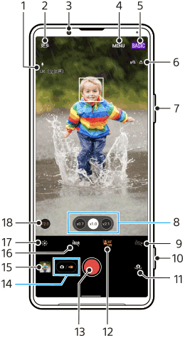 图像显示了BASIC（基本）视频模式下摄影大师待机屏幕上各功能的位置。上部区域，1到6。设备右侧，7和10。下部区域，8到9和11到18。