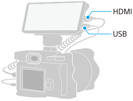 Bild des Anschlusses Ihres Xperia an eine externe Kamera mit einem HDMI-Kabel und einem USB-Kabel