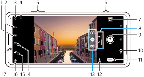 Images showing where each function is located on the camera screen in the landscape orientation. Upper left area, 1 to 4. Upper side of the device, 5 and 6. Right area 7 to 13. Lower left area, 14 to 17.