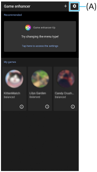 Image showing the location of the setting icon in the upper right (A) of the Game enhancer