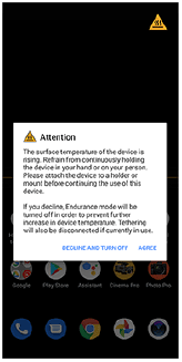 Image of the alert message that appears when the surface temperature of the device is rising