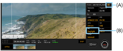 Image showing where each parameter is located on the Cinema Pro app screen. Right area from top to bottom, (A) and (B).