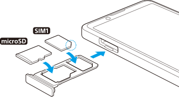 SIMカードとmicroSDカードの挿入図。正面から見て上部左のSIMカードトレイを引き出し、メインSIMカードを下側のトレイに、microSDカードを上側のトレイに配置する。