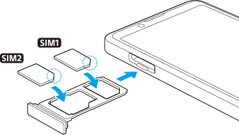 SIMカードの挿入図。正面から見て上部左のSIMカードトレイを引き出し、メインSIMカードを下側のトレイに、もう1つのSIMカードを上側のトレイに配置する。