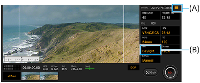 Bild som visar var varje parameter finns på Cinema Pro-appskärmen. Området till höger, uppifrån och ned, (A) och (B).