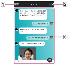 My poiqのホーム画面の各部を示すイラスト。画面の上部にヘッダーがあり、ヘッダーの左端にメニュー、右端にお知らせが表示されます。ヘッダーの下の画面全体にタイムラインが表示されます。