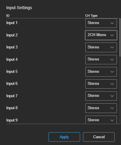 Input Settings dialog
