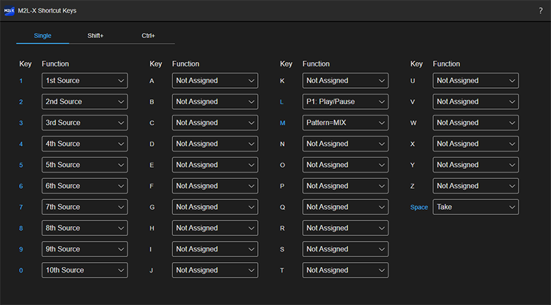 Shortcut Keys screen