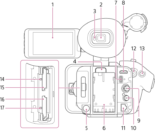 Illustrazione di lato posteriore, pannello connettori e slot per schede del camcorder