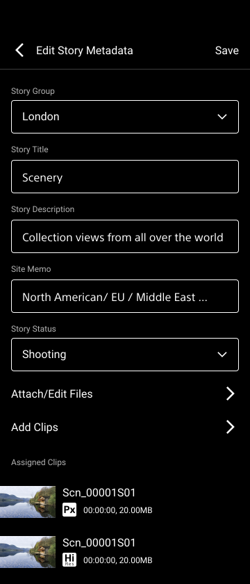 Edit Story Metadata screen
