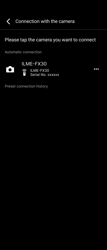 Connection with camera screen (automatic connection enabled)