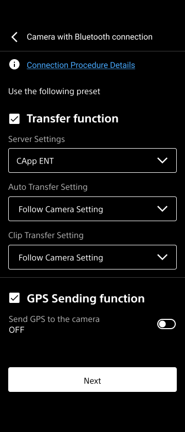Camera settings screen with Bluetooth connection