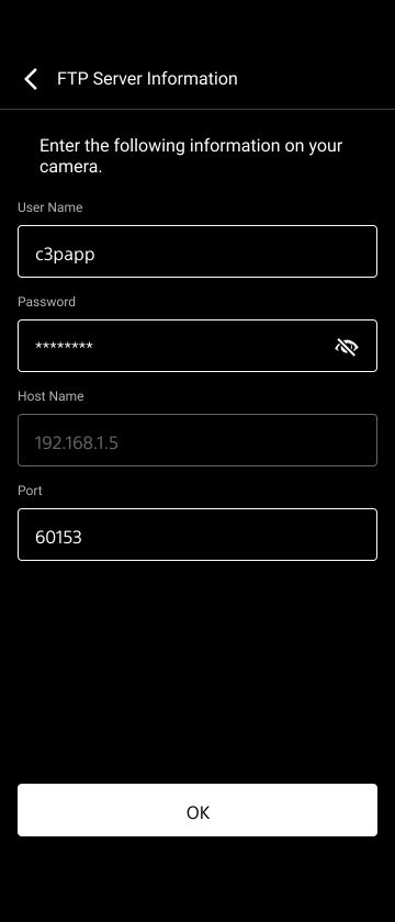 FTP information screen for manual FTP connection