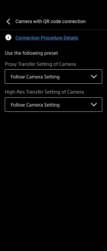 Camera settings screen with QR code connection