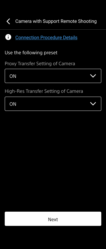 Camera settings screen with remote shooting connection