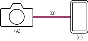 Illustration showing the connection relationship when a camera and mobile device are connected via a USB cable.