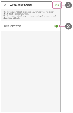Illustration showing the setting screen of the AUTO START/STOP function in the “REON POCKET” app