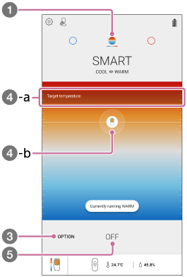 Illustration showing the setting screen of SMART COOL ⇔ WARM MODE in the “REON POCKET” app