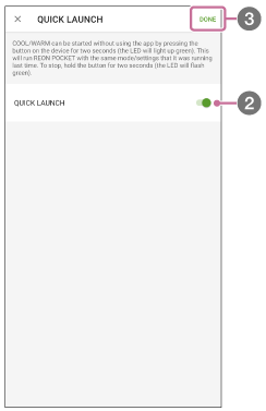 Ilustración que muestra la pantalla de configuración de la función INICIO RÁPIDO en la aplicación “REON POCKET”