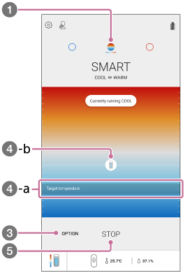 "REON POCKET" 앱에서 SMART COOL ⇔ WARM 모드의 설정 화면을 보여주는 그림