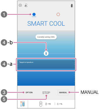 Ilustración que muestra la pantalla de configuración del modo SMART COOL en la aplicación “REON POCKET”