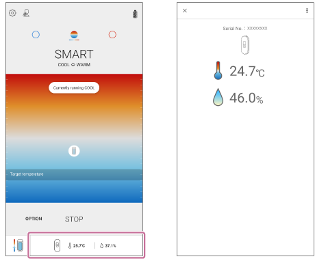 Abbildung, die die Temperatur- und Luftfeuchtigkeitsanzeige auf dem Bildschirm der App „REON POCKET“ zeigt