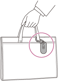 Ilustración que muestra cómo sujetar el sensor en un bolso usando el mosquetón suministrado