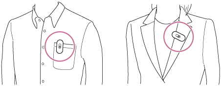 胸ポケットやジャケットの襟もとにタグを装着したイラスト