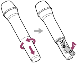 رسم توضيحي للميكروفون اللاسلكي يشرح كيفية فتح غطاء البطارية وإدخال البطاريات.