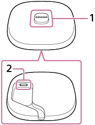 Illustration af opladningsholderen, der viser den øverste del og bundfladerne af den. Oven på opladningsholderen er 1 placeret i midten. 2 er placeret i bunden af opladningsholderen.