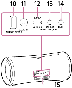 无线扬声器示意图，用于指示保护盖以及位于保护盖后面的按钮、端口和插孔的位置