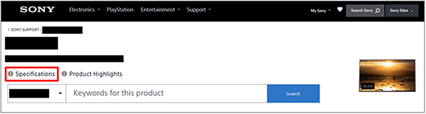 Slika spletnega mesta za podporo s specifikacijami.