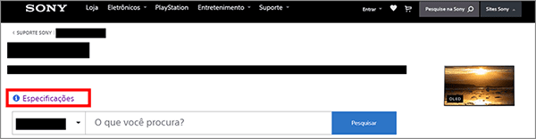 Imagem do site de suporte de especificações.