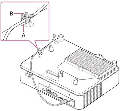 Ilustración que indica cómo fijar el cable HDMI